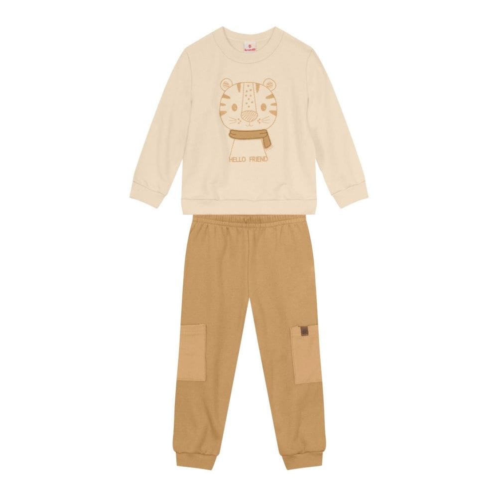 Conjunto Moletom Menino Tigre Bordado Bege - Brandili