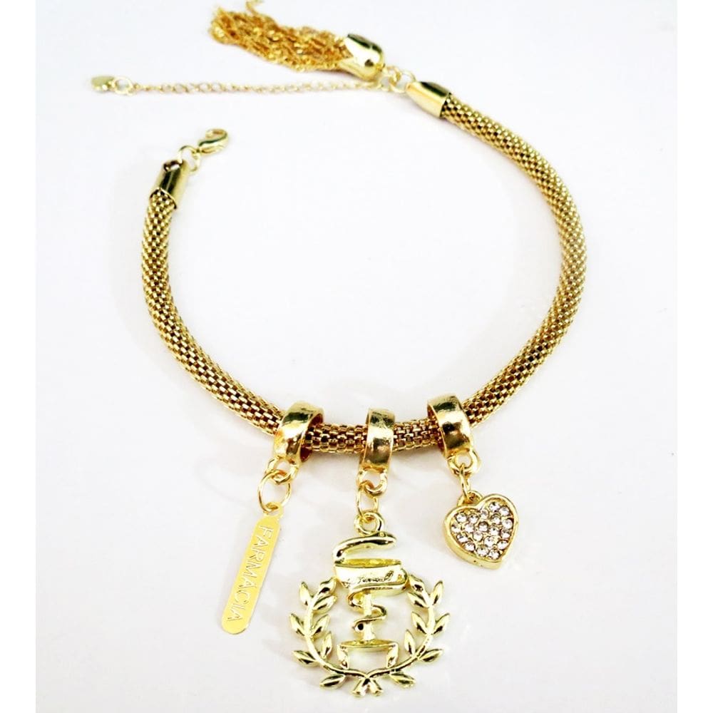 Pulseira Profissão Farmácia Coração Folheado A Ouro 18k