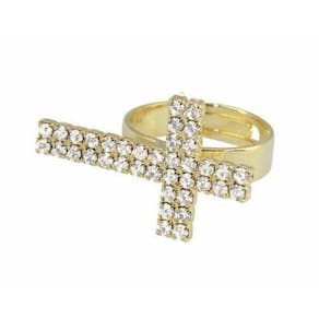 Anel Linda Cruz Strass Cravados Folheado Ouro - Regulavel