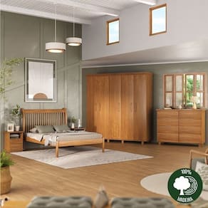 Conjunto Cama Napoli, 2 Mesas de Cabeceiras Arthur, Cômoda Classic e Guarda-Roupa Ibiza 6 Portas Mogno Mel