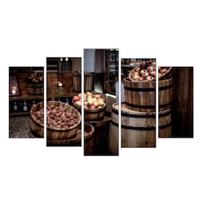 Quadro Decorativo Mosaico 5 Peças Mod786 Barril Vinho Frutas