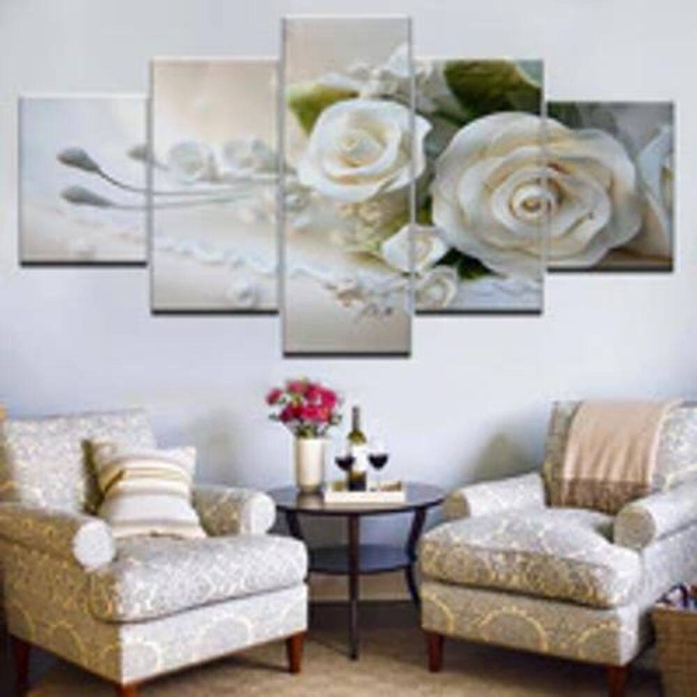 Quadro Decorativo Mosaico De 5 Peças Flores Rosas Brancas