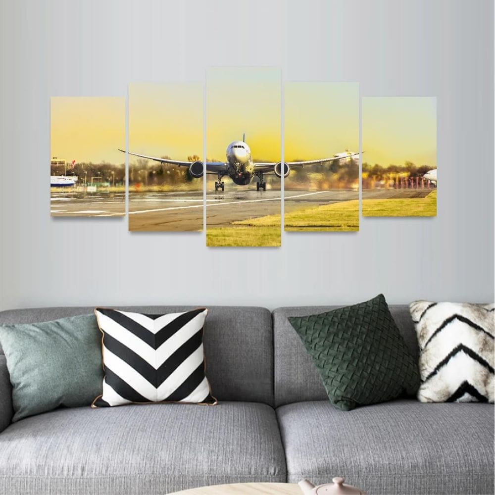 Quadro Decorativo Avião Mosaico 5 Peças Sala Hall