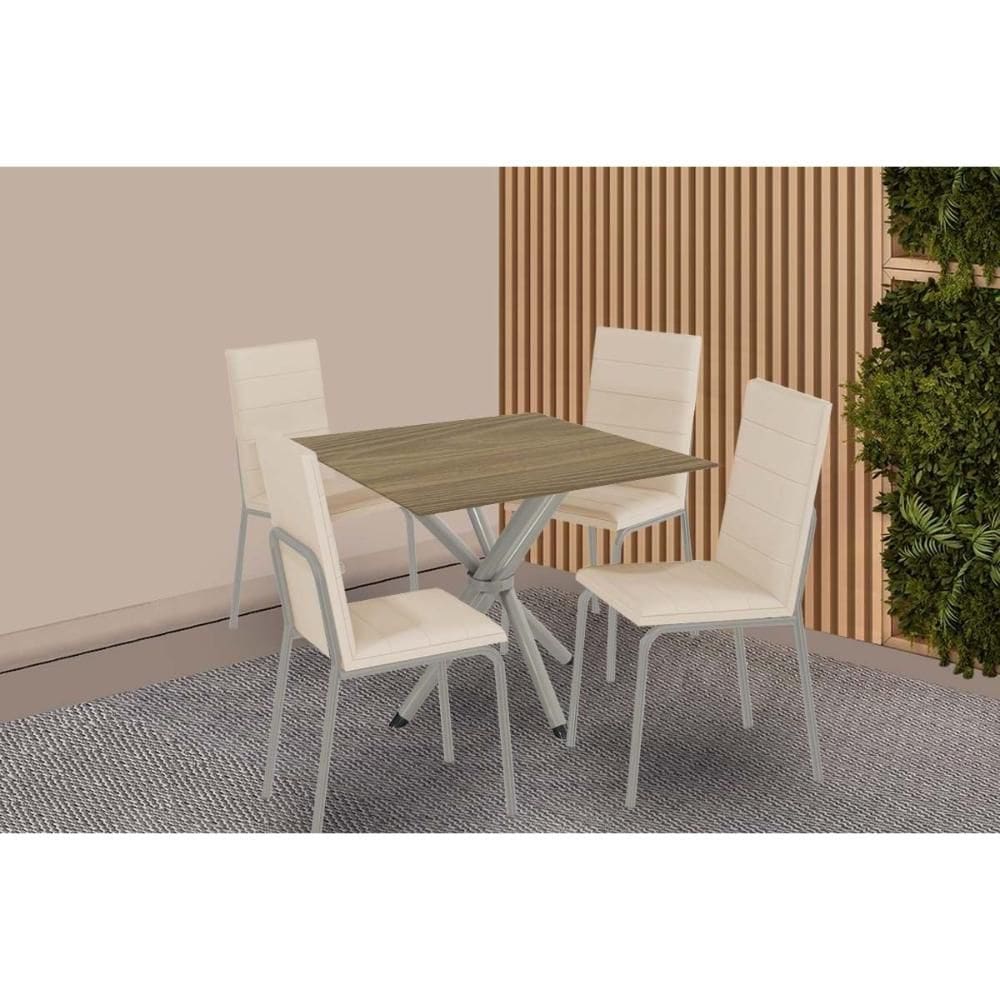 Sala de Jantar Completa Volga c/ Tampo de Madeira 90cm e 4 Cadeiras Amsterdã Niquel - Bege - Kappesberg