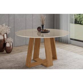 Mesa p/ Cozinha Lins SC130 c/ Tampo Madeirado c/ Vidro Redondo 140x140cm Nature/Off White - Henn