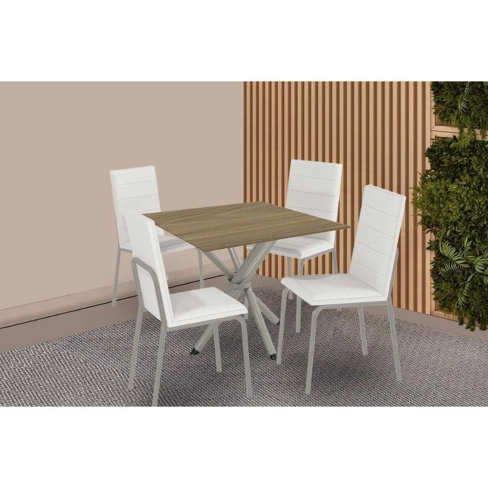 Sala de Jantar Completa Volga c/ Tampo de Madeira 90cm e 4 Cadeiras Amsterdã Niquel - Branco - Kappesberg