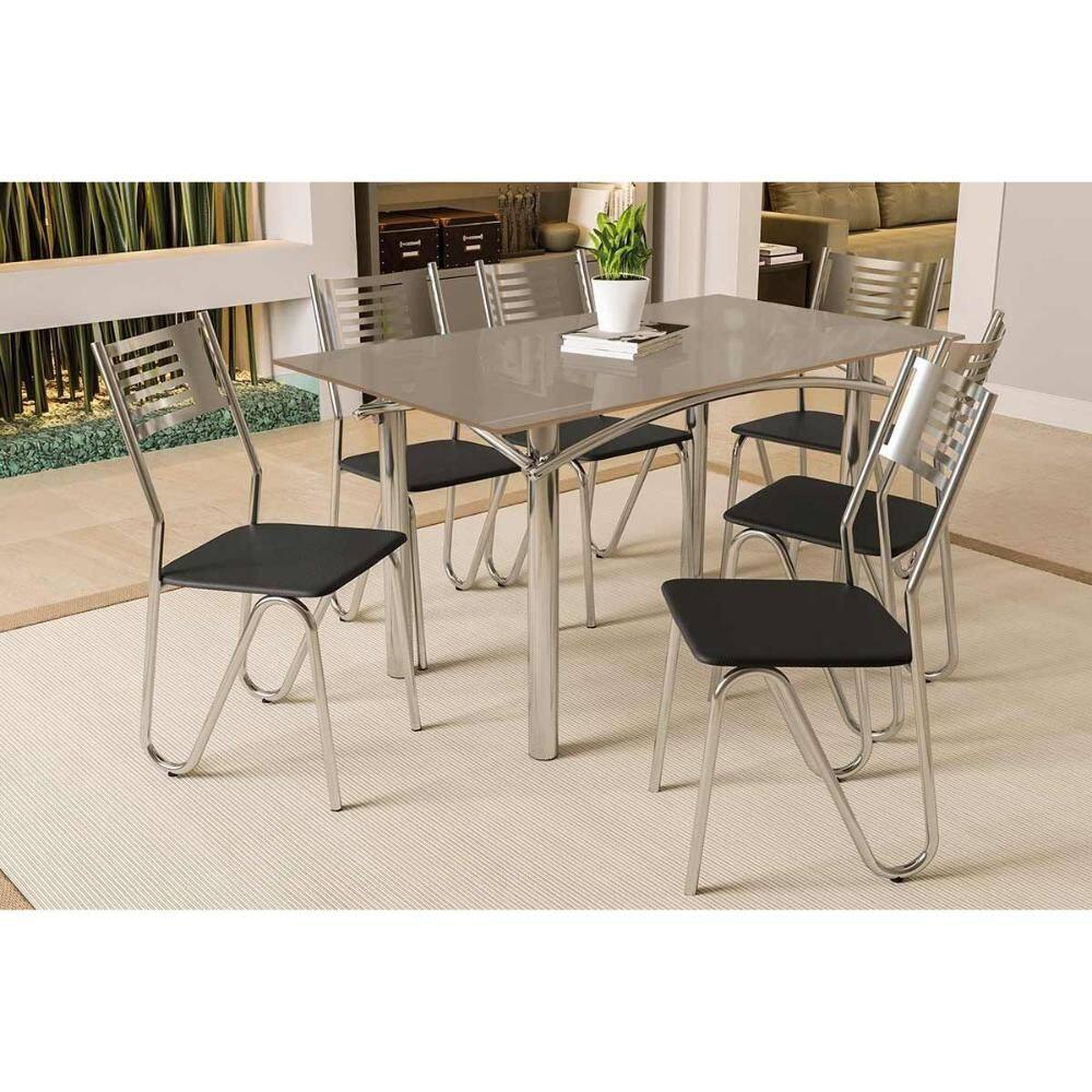 Sala de Jantar Completa Elba Tampo Madeirado c/ Vidro 160cm e 6 Cadeiras Nápoles Cromada/Freijo Bronze - Courano Preto - Kappesberg