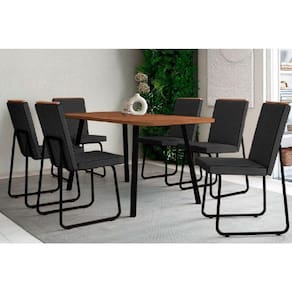Conjunto: Mesa de Cozinha Stellar 1597 Aço c/ Tampo Madeirado 160x90cm e 6 Cadeiras Lira Preto/Nogal - Preto/Grafite - Preto - Carraro