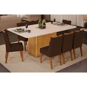 Conjunto: Mesa Sala Jantar Canes Tampo Madeirado c/ Vidro Curvo 200x100cm e 8 Cadeiras Stela Cedro/Off White - Ipe/Suede Moca - DJ Móveis