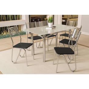 Conjunto: Mesa de Cozinha Elba Tampo Madeirado c/ Vidro 160cm e 6 Cadeiras Nápoles Cromada/Off White - Courano Preto - Kappesberg