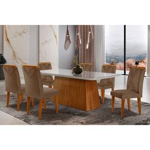 Conjunto: Mesa de Cozinha Luna Tampo Madeirado c/ Vidro Curvo 180x90 e 6 Cadeiras Amsterdã Imbuia/Suede Capuccino - Rufato