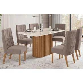 Conjunto: Mesa de Cozinha Solana c/ Tampo Madeirado c/ Vidro Curvo 200x90cm e 8 Cadeiras Eloá Nature/Suede Light Marrom Amêndoa - Henn