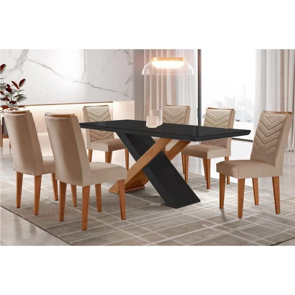Conjunto: Mesa de Cozinha Imperatriz Tampo Madeirado c/ Vidro Canto Curvo 180x90 e 6 Cadeiras Londrina Imbuia/Grafite - Suede Capuccino - Rufato