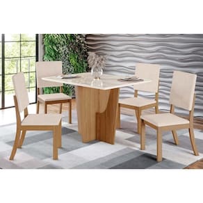 Conjunto: Mesa de Cozinha Vértice c/ Tampo Reto Madeirado c/ Vidro 120x80cm e 4 Cadeiras Milla Nature/Linho - Henn