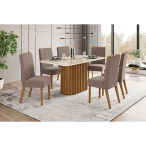 Conjunto: Mesa Sala Jantar Solana c/ Tampo Madeirado c/ Vidro Curvo 160x90cm e 6 Cadeiras Nina Nature/Suede Light Marrom Amêndoa - Henn