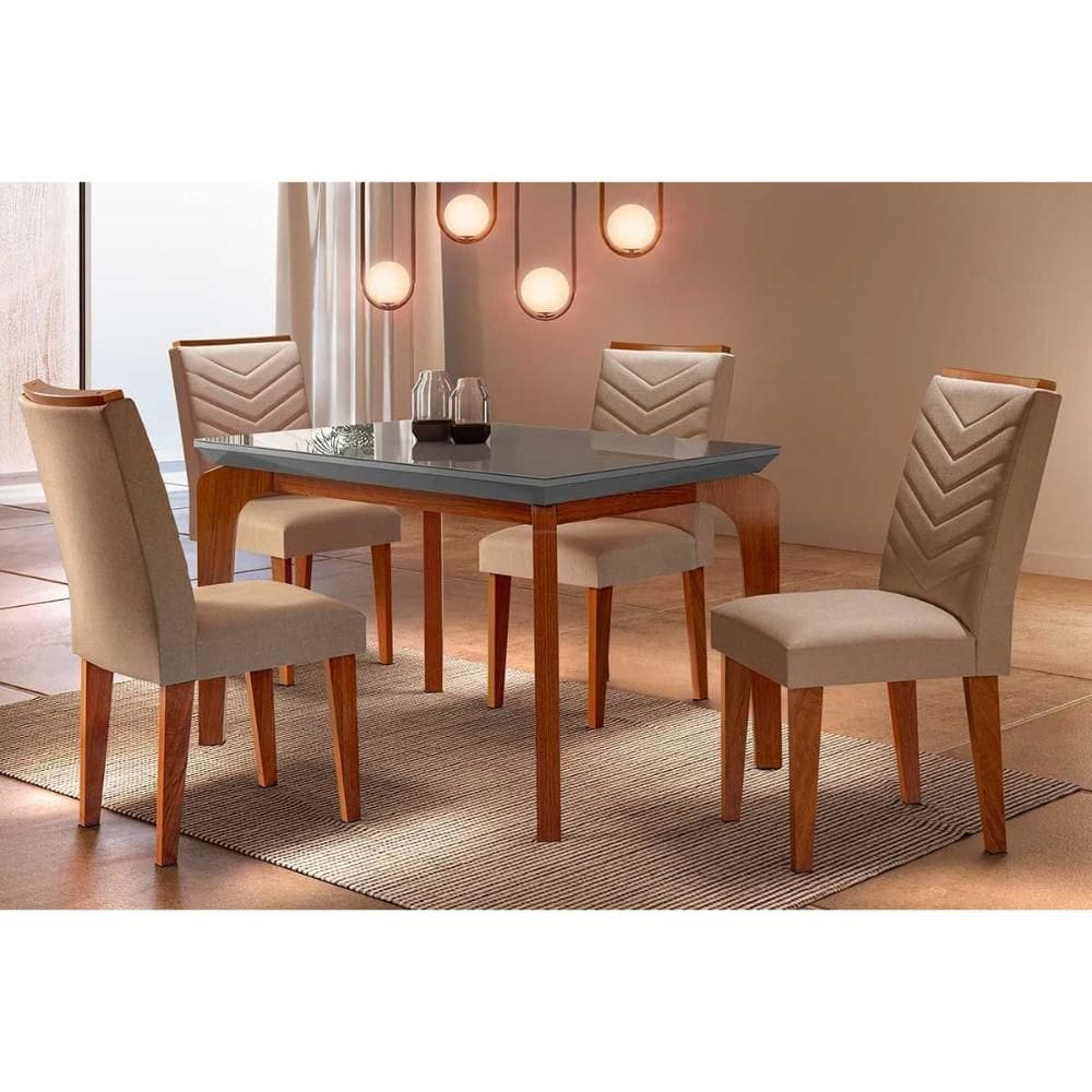 Conjunto: Mesa de Cozinha Londrina c/ Tampo Madeirado c/ Vidro Canto Reto 120x80cm e 4 cadeiras Londrina Imbuia/Grafite - Suede Capuccino - Rufato