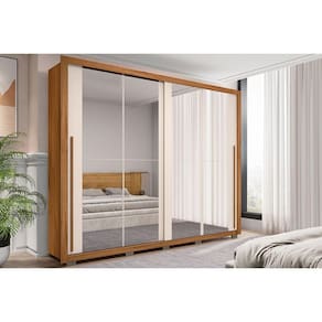 Guarda Roupas 2 Portas de Correr c/ Espelho e 4 Gavetas Praticus Double Lux Freijo/Off White - Caemmun