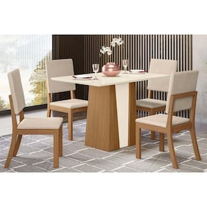 Conjunto: Mesa de Cozinha Orus c/ Tampo Madeirado 120x80cm e 4 Cadeiras Milla Nature/Off White - Linho Bege - Henn