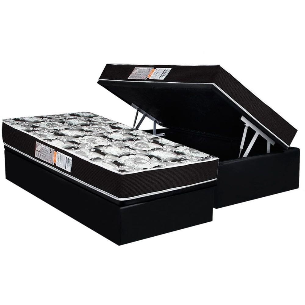 Conjunto Box Baú Solteiro: Colchão Molas Luckspuma D33 Supreme Pró Saúde Black + Base CRC Suede Black (88x188)
