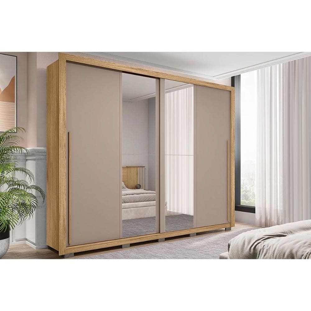 Guarda Roupa 2 Portas de Correr c/ Espelho e 4 Gavetas Praticus Lux Buriti/Fendi - Caemmun