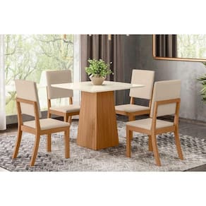 Conjunto: Mesa Sala Jantar Dora Tampo Madeirado 90cm e 4 Cadeiras Milla Nature/Linho - Henn