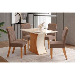 Conjunto: Mesa de Cozinha Luiza c/ Tampo Reto Madeirado c/ Vidro 120x90cm e 4 Cadeiras Vita Nature/Suede Light Bege - Henn