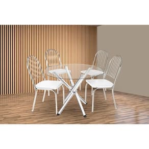 Conjunto: Mesa Sala Jantar Volga c/ Tampo de Vidro 95cm e 4 Cadeiras Noruega Cromada - Courano Branco - Kappesberg