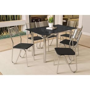 Conjunto: Mesa Sala Jantar Elba Tampo Madeirado c/ Vidro 120cm e 6 Cadeiras Nápoles Cromada/Preto - Courano Preto - Kappesberg