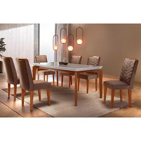 Conjunto: Mesa de Cozinha Londrina Tampo Madeirado c/ Vidro Reto 180x90 e 6 Cadeiras Londrina Imbuia/Suede Capuccino - Rufato