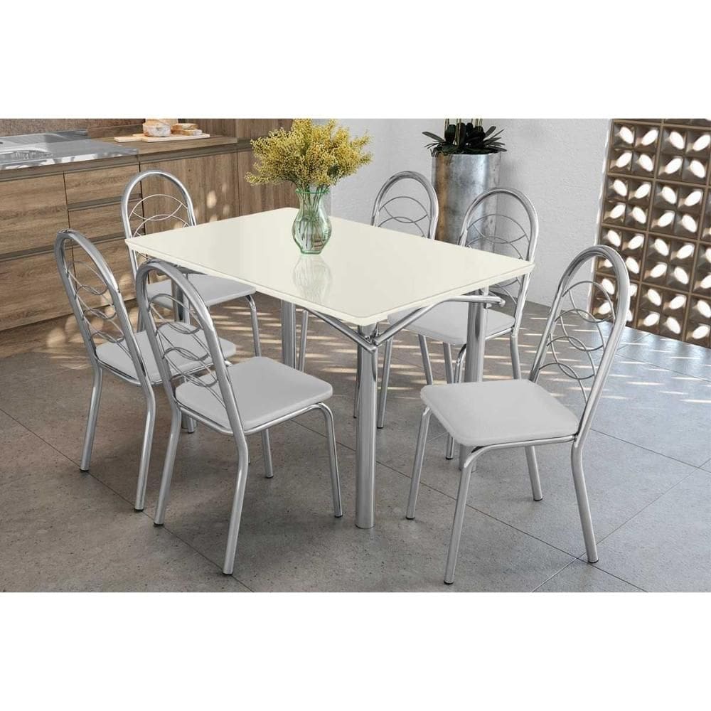Sala de Jantar Completa Elba Tampo Madeirado c/ Vidro 120cm e 6 Cadeiras Holanda Cromada/Off White - Courano Branco - Kappesberg