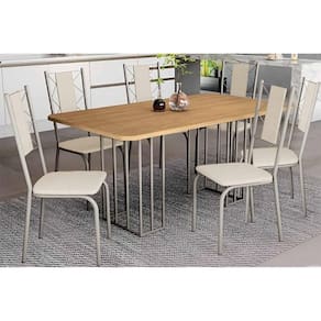 Conjunto: Mesa de Cozinha Duina c/ Tampo de Madeira 160cm e 6 Cadeiras Lisboa Niquel/Freijo - Courano Bege - Kappesberg