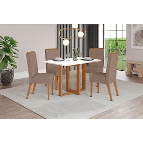 Conjunto: Mesa de Cozinha Natalí c/ Tampo Madeirado 120x80cm e 4 Cadeiras Nina Nature/Off White - Suede Marrom - Henn