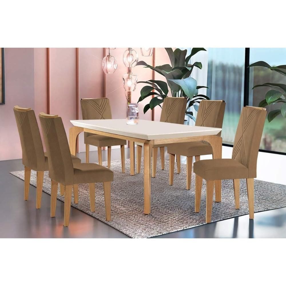 Conjunto: Mesa de Cozinha Londrina c/ Tampo Madeirado Canto Reto 180x90cm e 6 cadeiras Amsterdã Imbuia/Suede Capuccino - Rufato