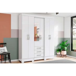 Guarda Roupa Solteiro 6 Portas (1 c/ Espelho) e 3 Gavetas Briz B23 Branco - Henn