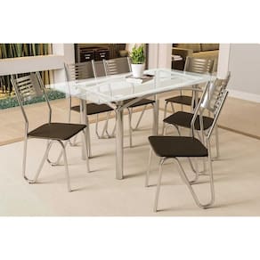 Conjunto: Mesa Sala Jantar Elba c/ Tampo de Vidro 150cm e 6 Cadeiras Nápoles Cromada - Courano Marrom - Kappesberg
