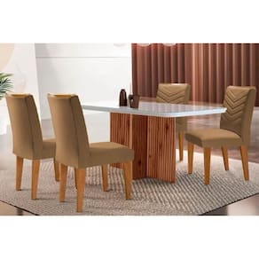 Conjunto: Mesa de Cozinha Berlim c/ Tampo Madeirado c/ Vidro Canto Curvo 120x80cm e 4 Cadeiras Londrina Imbuia/Off White - Suede Capuccino - Rufato