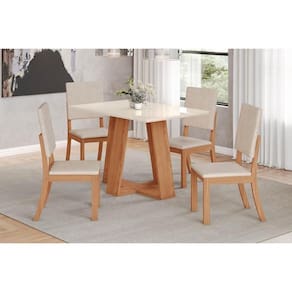 Conjunto: Mesa de Cozinha Lins c/ Tampo Madeirado 120x80cm e 4 Cadeiras Milla Nature/Off White - Linho Bege - Henn
