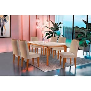 Conjunto: Mesa de Cozinha Londrina Tampo Madeirado c/ Vidro 180x90cm e 6 Cadeiras Lunara Capuccino/Linho Bege Turim - Rufato