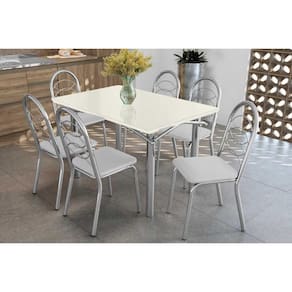 Conjunto: Mesa de Cozinha Elba Tampo Madeirado c/ Vidro 120cm e 6 Cadeiras Holanda Cromada/Off White - Courano Branco - Kappesberg
