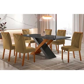 Conjunto: Mesa de Cozinha Imperatriz Tampo Madeirado c/ Vidro Curvo 180x90 e 6 Cadeiras Amsterdã Imbuia/Suede Capuccino - Rufato