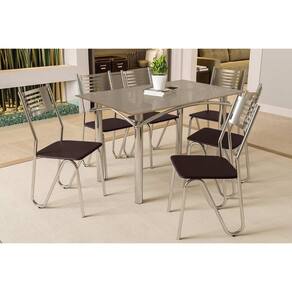 Conjunto: Mesa de Cozinha Elba Tampo Madeirado c/ Vidro 120cm e 6 Cadeiras Nápoles Cromada/Freijo Bronze - Courano Marrom - Kappesberg
