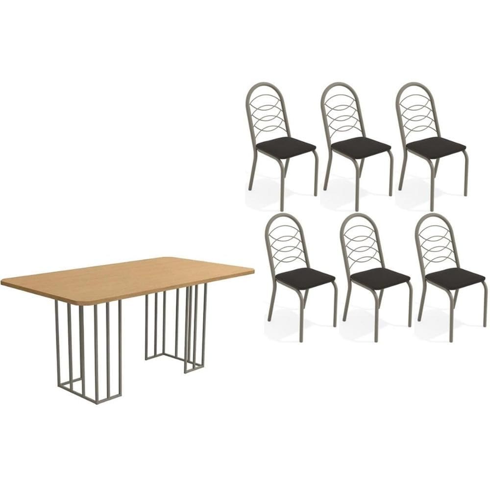 Conjunto: Mesa de Cozinha Duina c/ Tampo de Madeira 160cm e 6 Cadeiras Holanda Niquel/Freijo - Courano Preto - Kappesberg