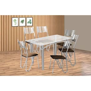Conjunto: Mesa de Cozinha Elba c/ Tampo de Vidro 120cm e 6 Cadeiras Nápoles Cromada - Courano Marrom - Kappesberg