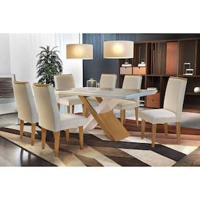 Conjunto: Mesa de Cozinha Imperatriz Tampo Madeirado c/ Vidro Canto Reto 180x90cm e 6 Cadeiras Lunara Capuccino/Suede Creme - Rufato
