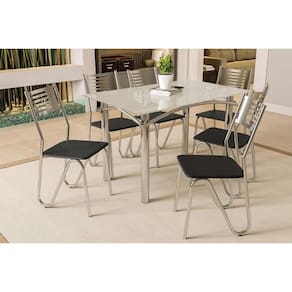 Conjunto: Mesa de Cozinha Elba Tampo Madeirado c/ Vidro 120cm e 6 Cadeiras Nápoles Cromada/Off White - Courano Preto - Kappesberg