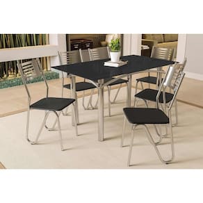 Conjunto: Mesa de Cozinha Elba Tampo Madeirado c/ Vidro 160cm e 6 Cadeiras Nápoles Cromada/Preto - Courano Preto - Kappesberg