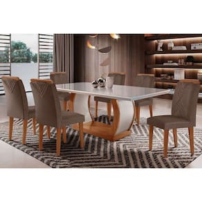 Conjunto: Mesa Sala Jantar Jade Tampo Madeirado c/ Vidro Curvo 180x90 e 6 Cadeiras Amsterdã Imbuia/Suede Capuccino - Rufato
