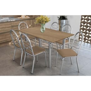Conjunto: Mesa Sala Jantar Elba c/ Tampo de Madeira 160cm e 6 Cadeiras Holanda Cromada/Nogueira - Courano Capuccino - Kappesberg