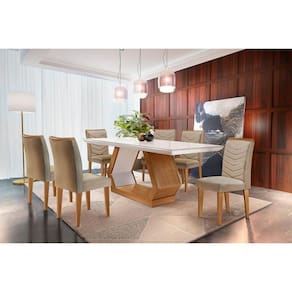Conjunto: Mesa Sala Jantar Alvorada Tampo Madeirado c/ Vidro Canto Reto 180x90cm e 6 Cadeiras Londrina Imbuia/Off White - Suede Capuccino - Rufato