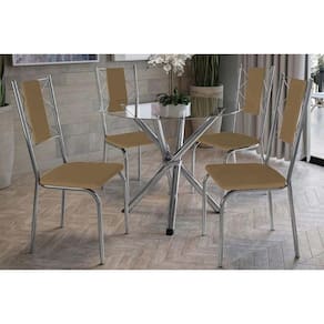 Conjunto: Mesa Sala Jantar Volga c/ Tampo de Vidro 95cm e 4 Cadeiras Lisboa Cromada - Courano Capuccino - Kappesberg